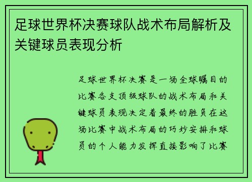 足球世界杯决赛球队战术布局解析及关键球员表现分析